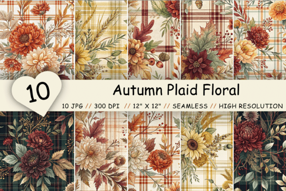 Autumn Plaid Floral Digital Paper