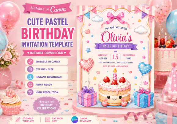 CUTE PASTEL BIRTHDAY INVITATION TEMPLATE