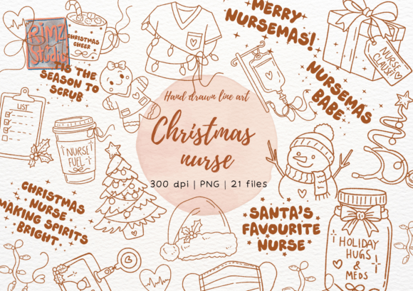 Christmas Nurse Hand Drawn Line Art Png