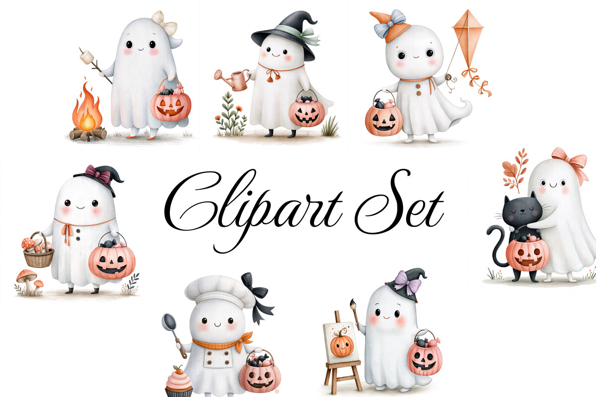 Halloween Ghosts Clipart Set PNG Bundle