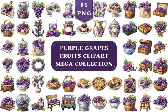 Purple Grape Watercolor Mega Clipart Set