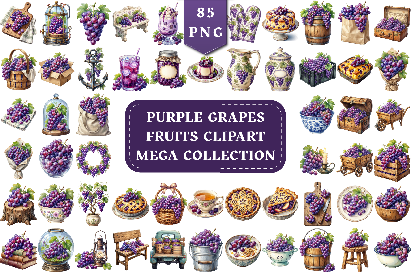 Purple Grape Watercolor Mega Clipart Set