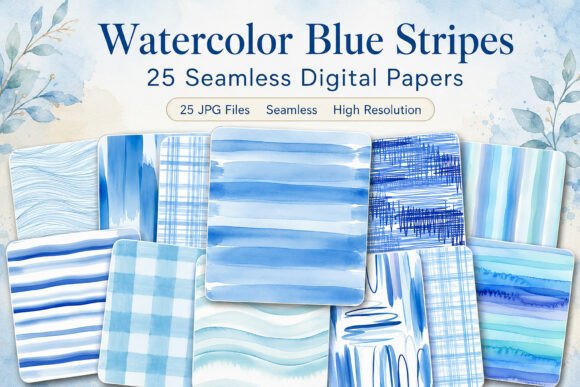 Watercolor Blue Stripes Digital Paper