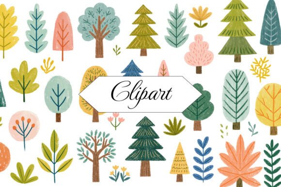 Watercolor Trees Art, Clipart PNG Bundle