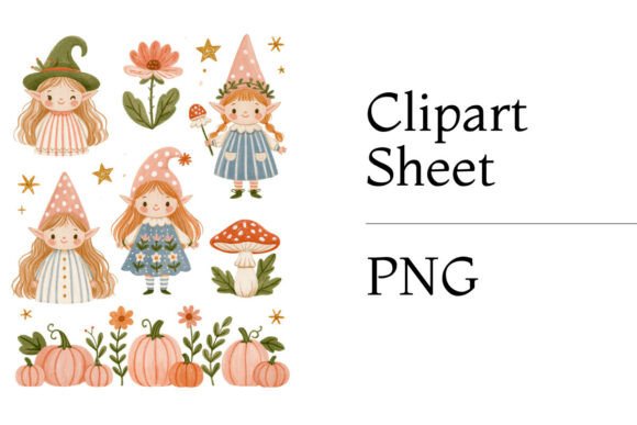 Whimsical Witch Girls Pumpkin Clipart