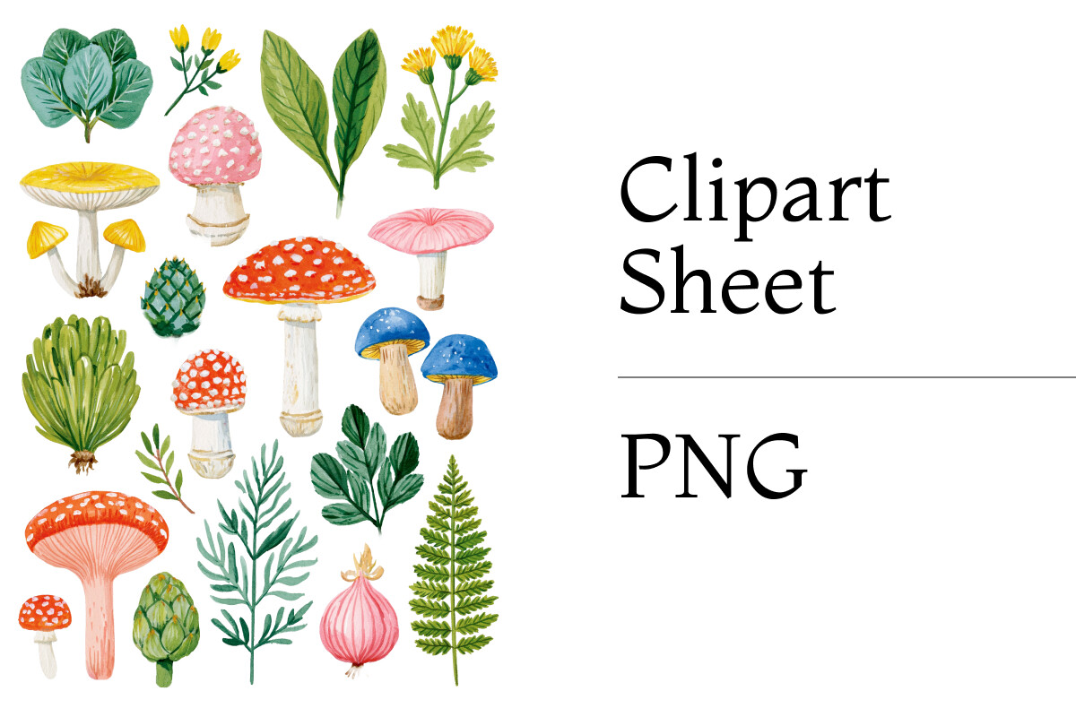 Woodland Mushrooms Foliage Clipart PNG