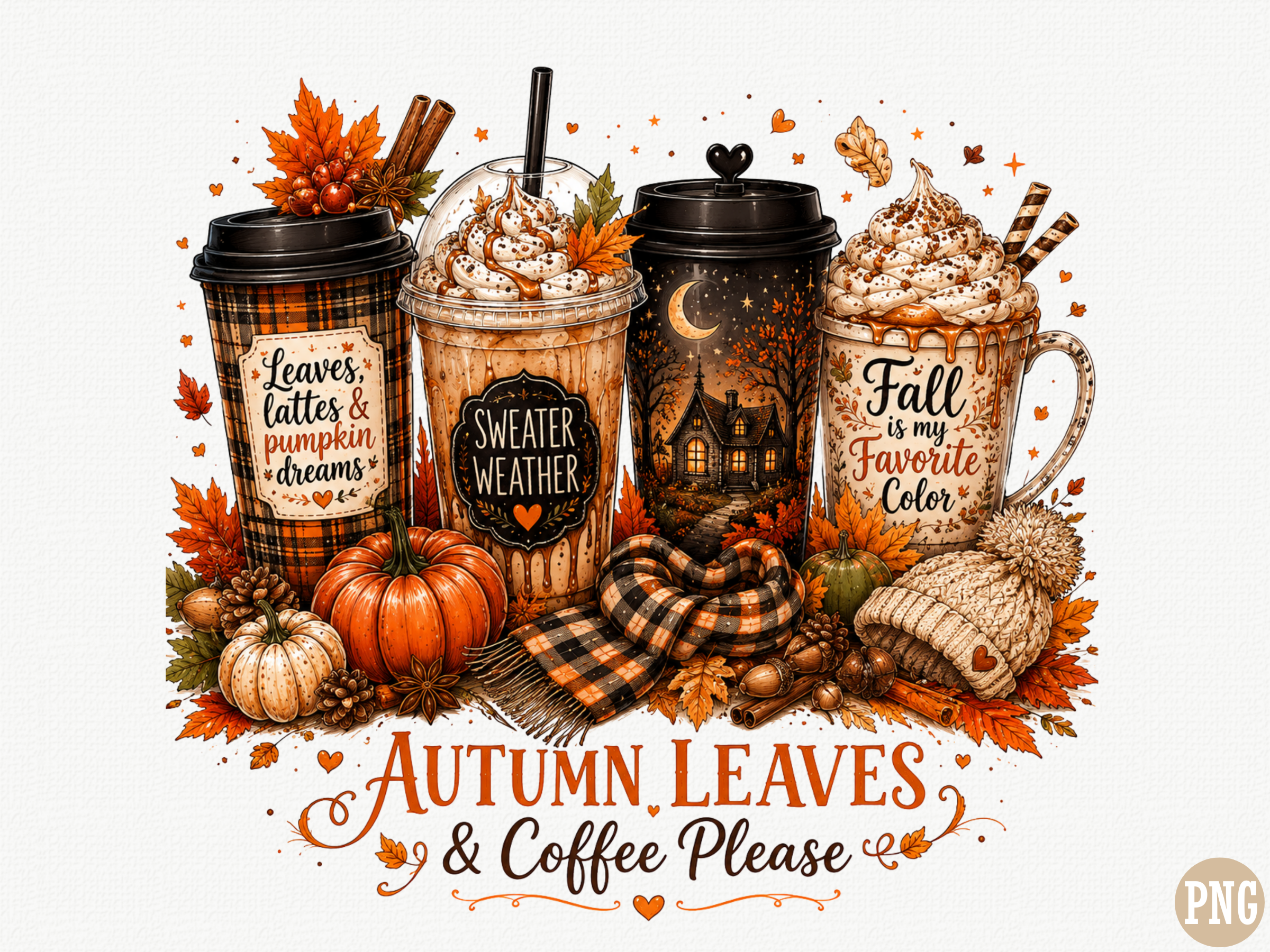 Autumn Leaves and Coffee Please PNG, Fal