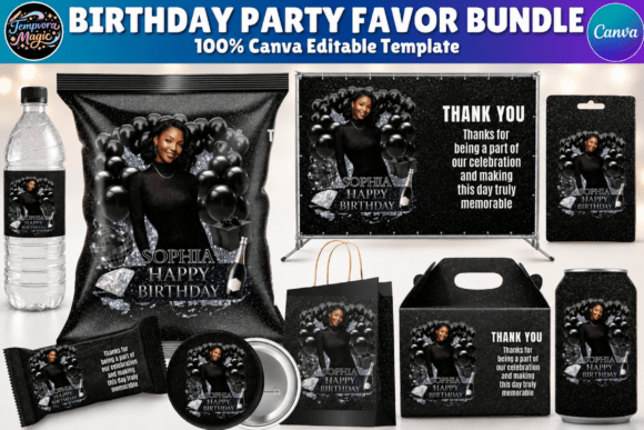 Black Birthday Party Favor Canva Bundle