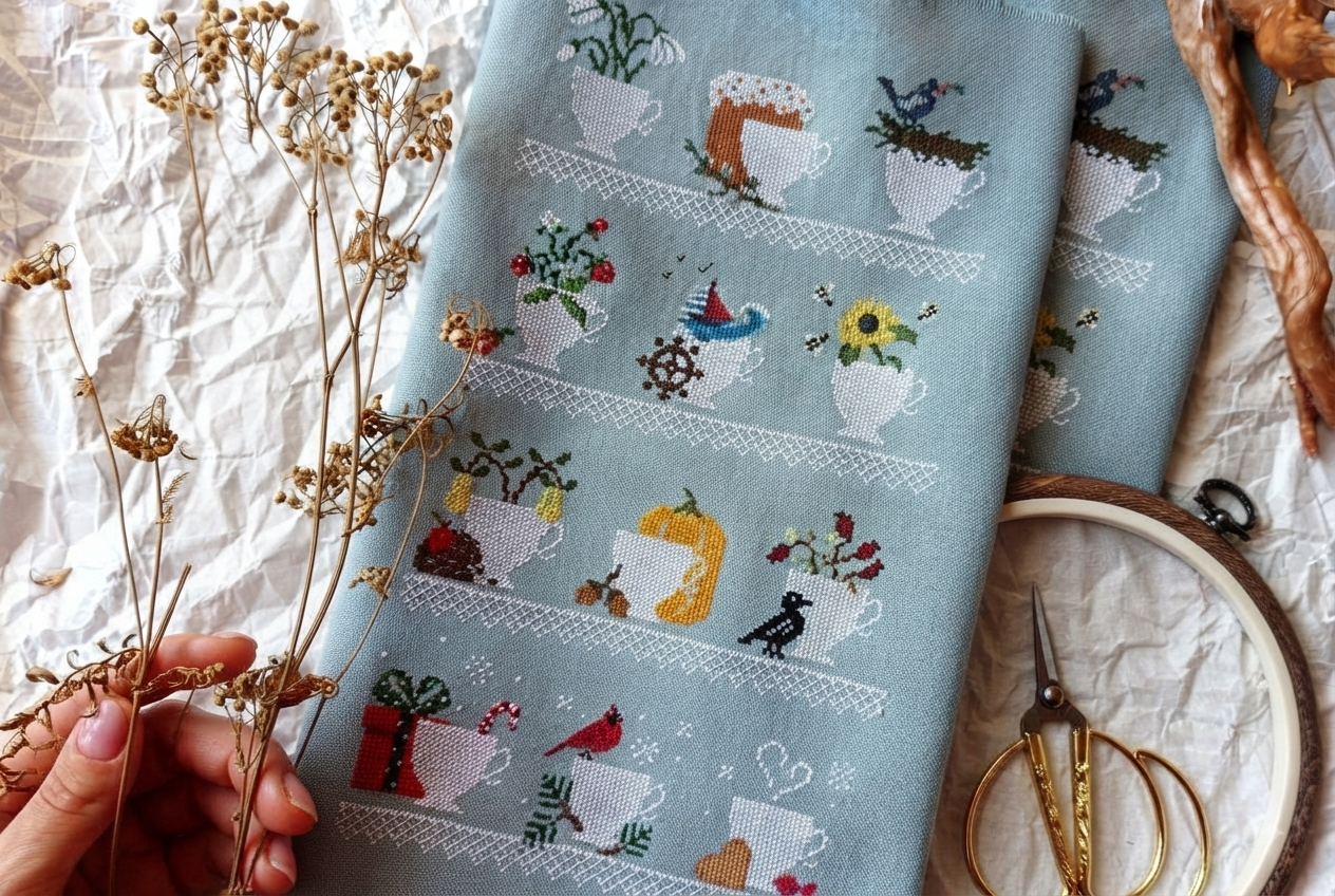 Charming Seasonal Tea Cups Cross Stitch