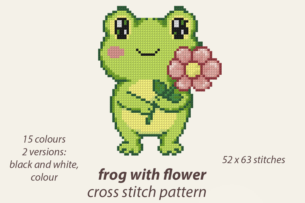 Frog with Flower Cross Stitch Pattern