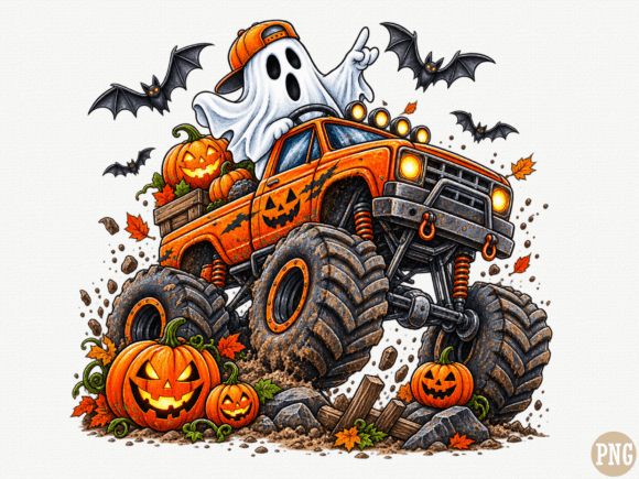 Halloween Monster Truck PNG, Cute Ghost