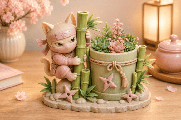 Ninja Cat Planter STL - 3D Printable Succulent Garden - Image 2