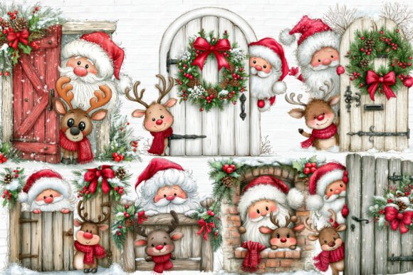 Peeking Santa Reindeer Christmas Clipart