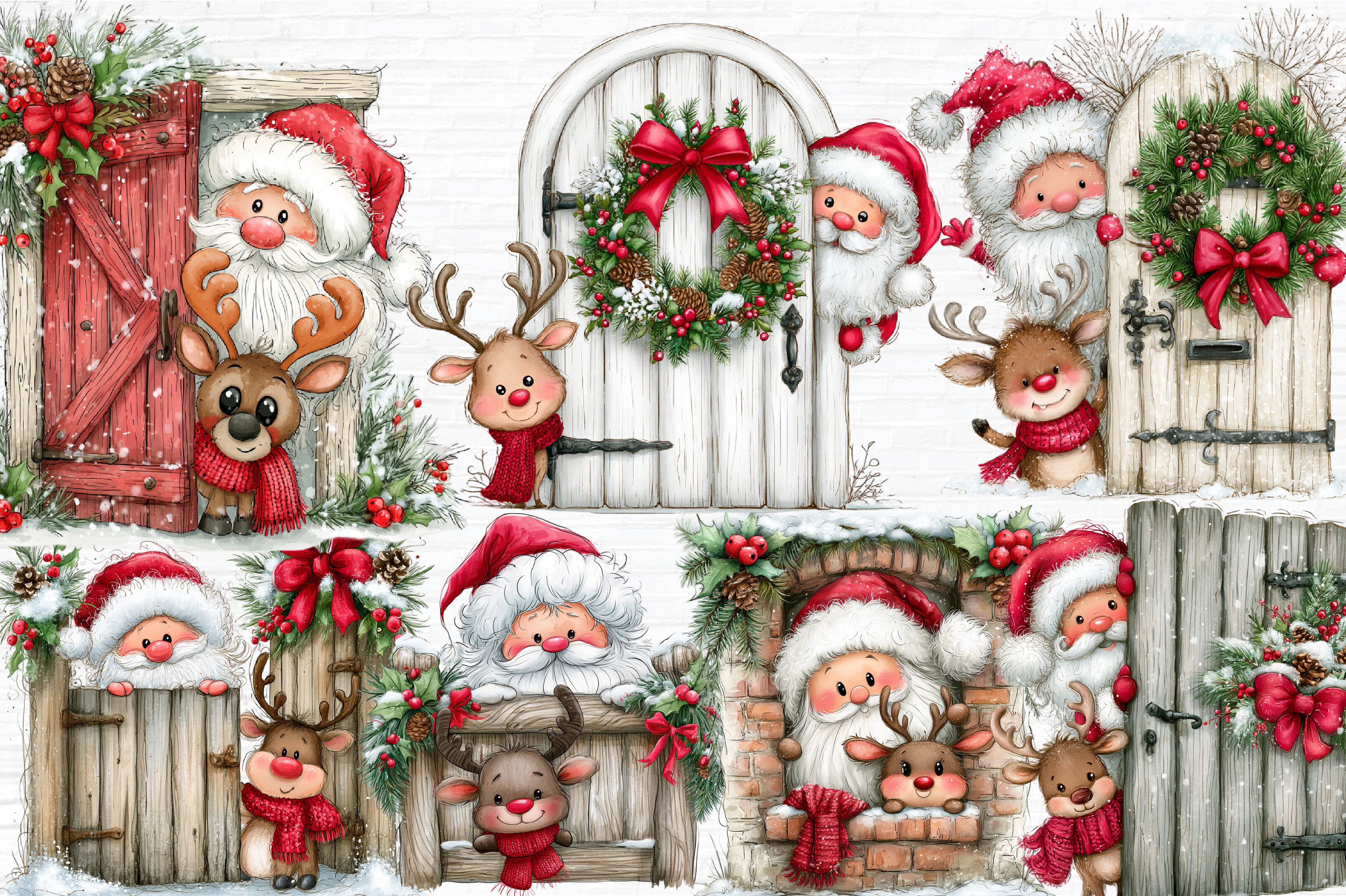 Peeking Santa Reindeer Christmas Clipart