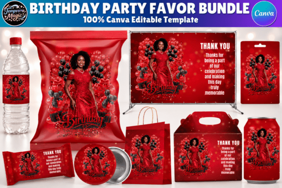 Red Birthday Party Favor Canva Bundle