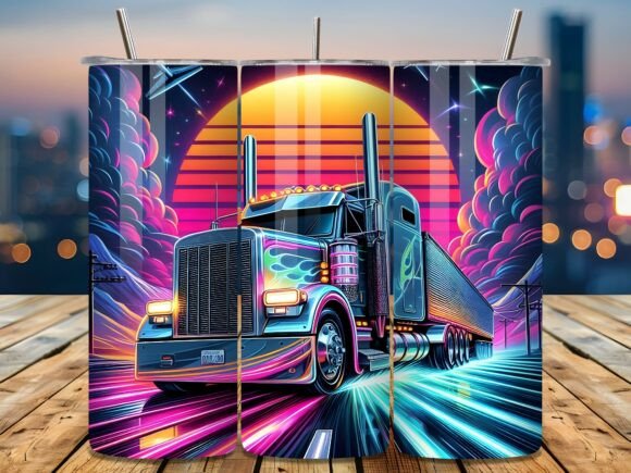 Retro Neon Sunset Semi Truck Tumbler Wra