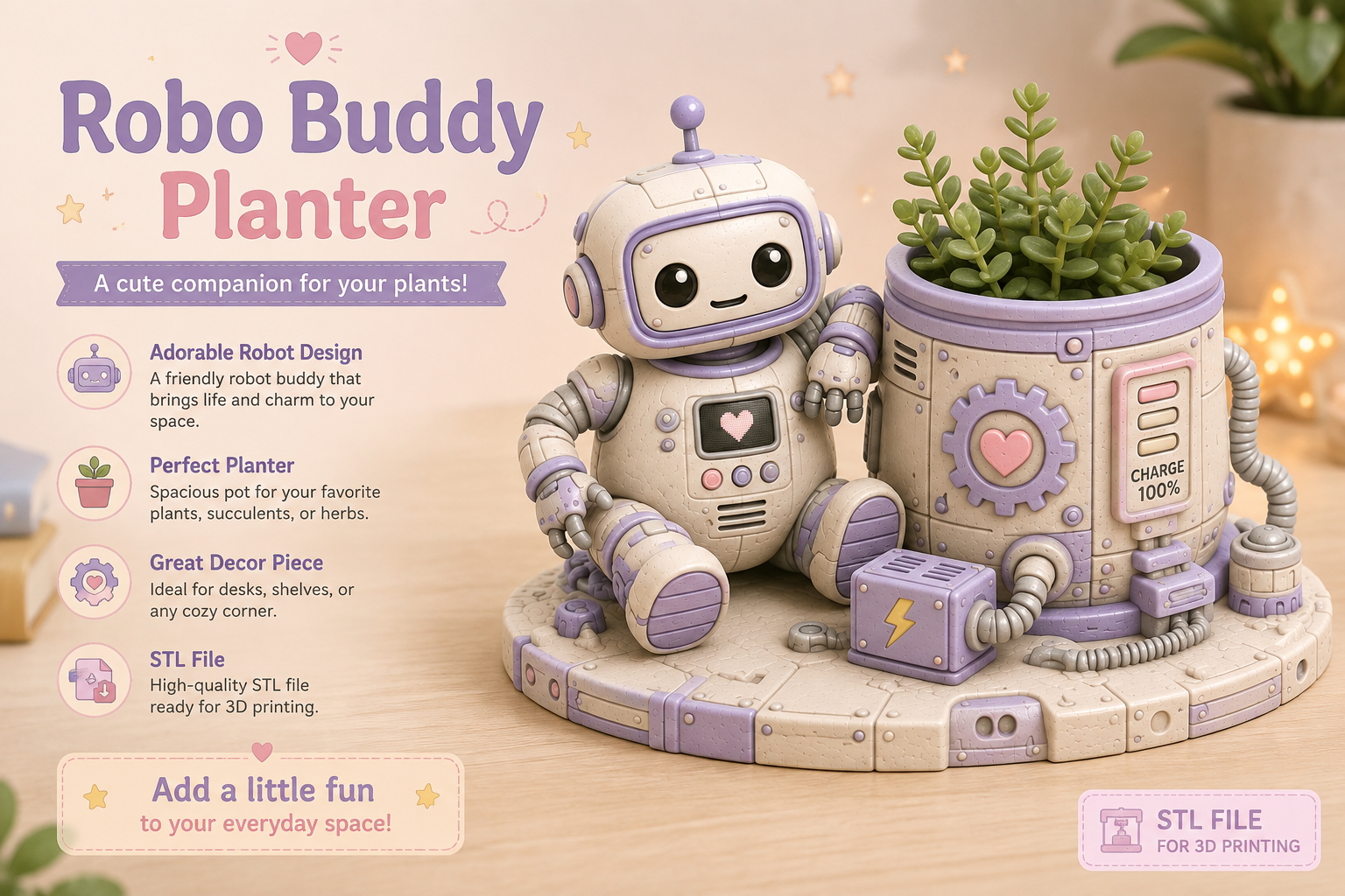 Robo Buddy Planter STL - Futuristic 3D Printable Desk Decor - Image 3