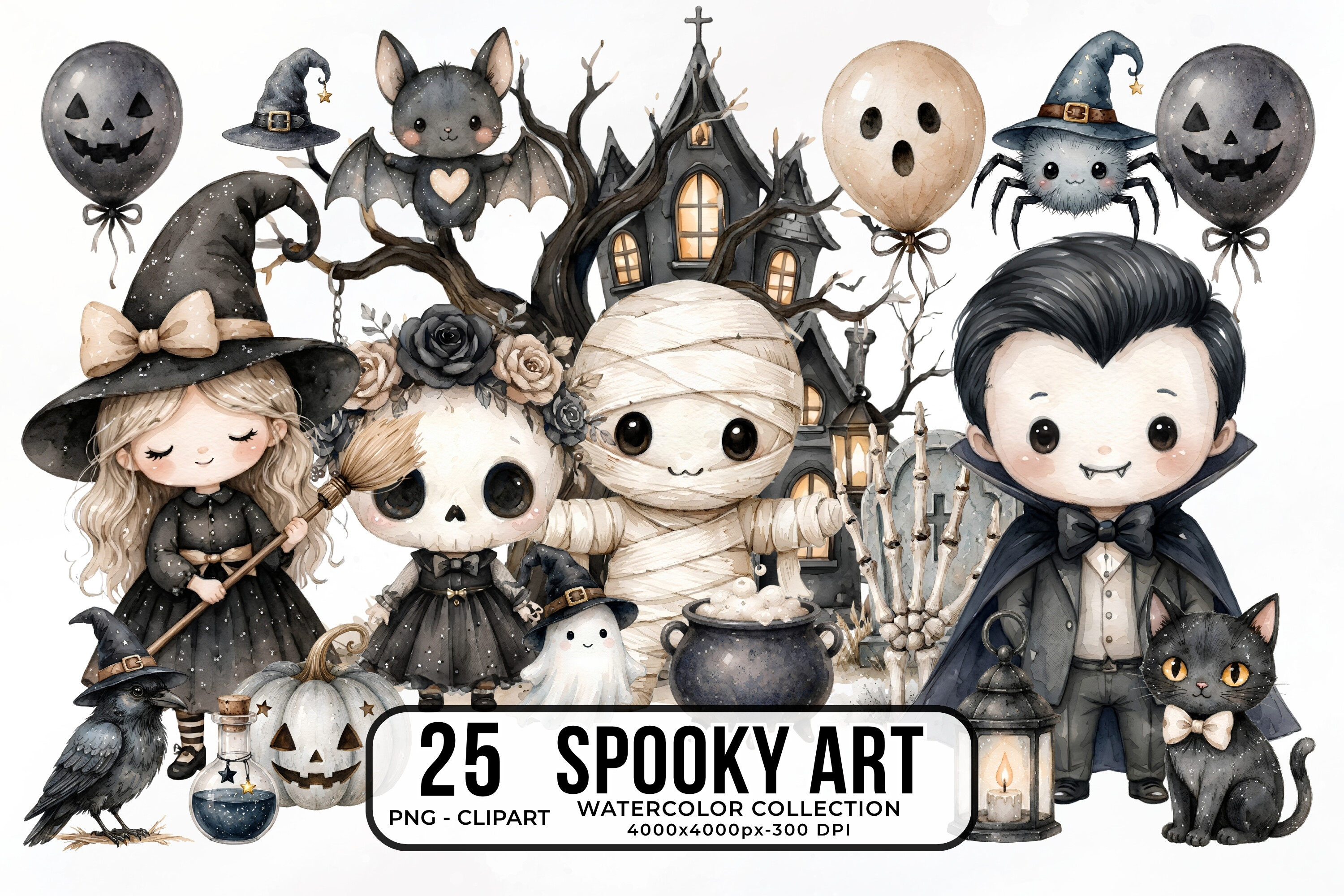 Spooky Halloween Clipart Watercolor PNG