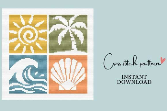 Sun Wave Seashell Palm Tree Cross Stitch