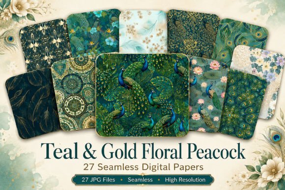 Teal & Gold Floral Peacock Seamless