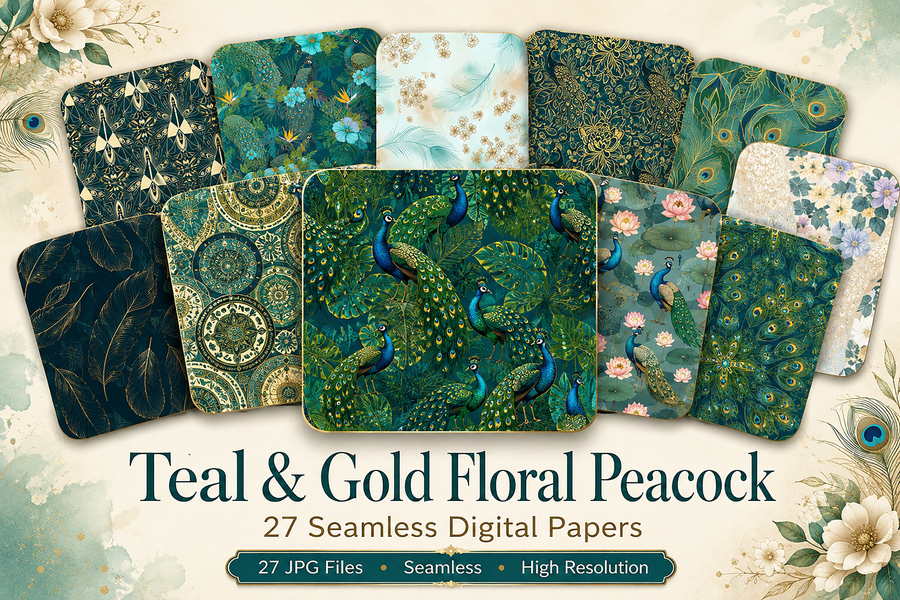 Teal & Gold Floral Peacock Seamless