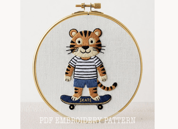 Tiger Skateboard Hand Embroidery PDF