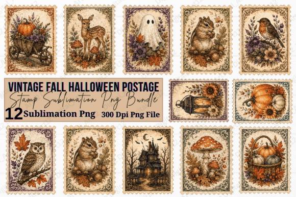 Vintage Fall Halloween Postage Stamp PNG