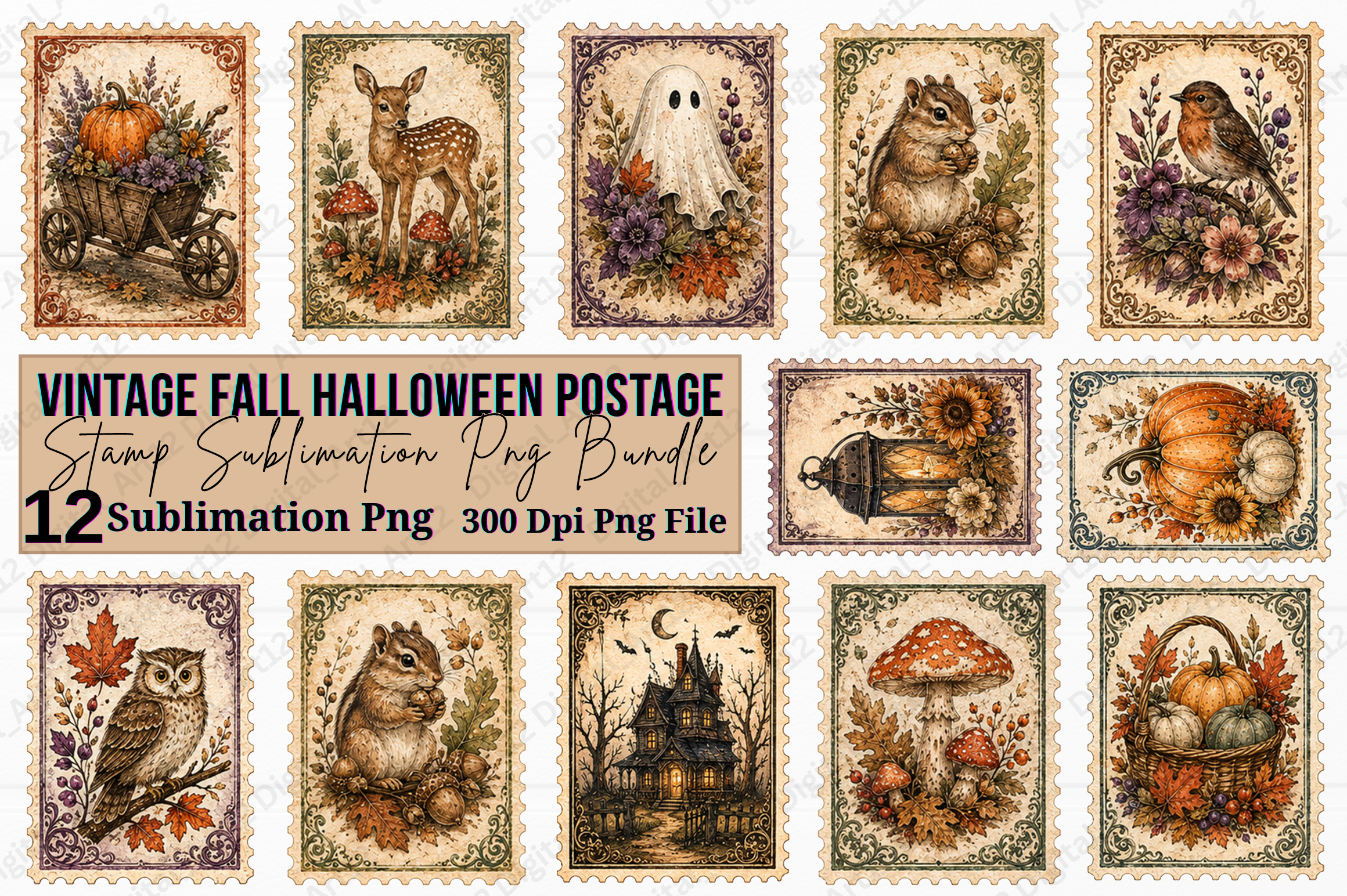 Vintage Fall Halloween Postage Stamp PNG
