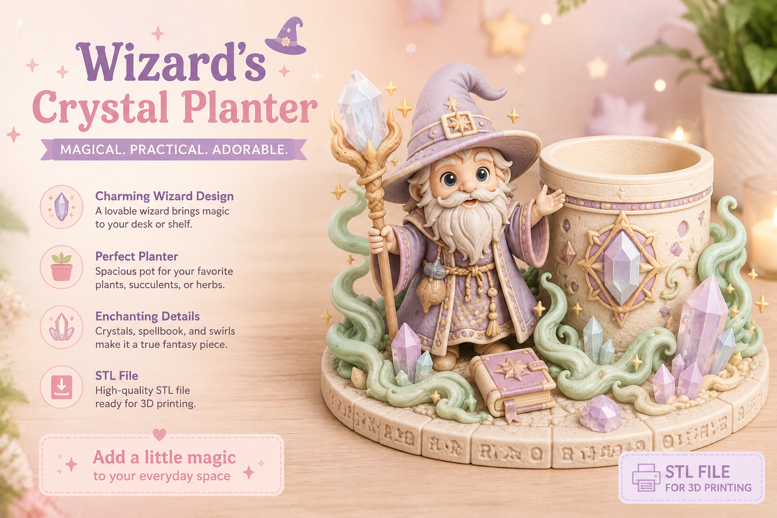 Wizard Crystal Planter STL – Fantasy 3D Printed Decor with Magical Wizard Scene - Image 3