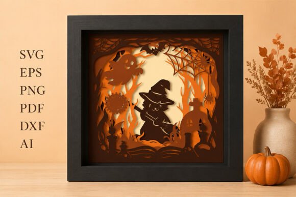 3D Halloween Witch Cat Shadow Box