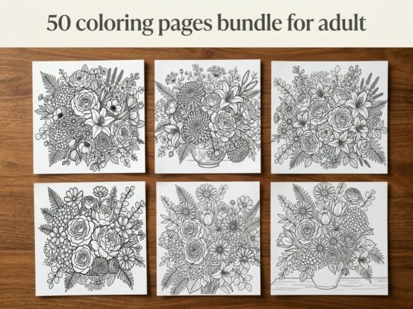 50 Floral Bouquet Coloring Pages Bundle