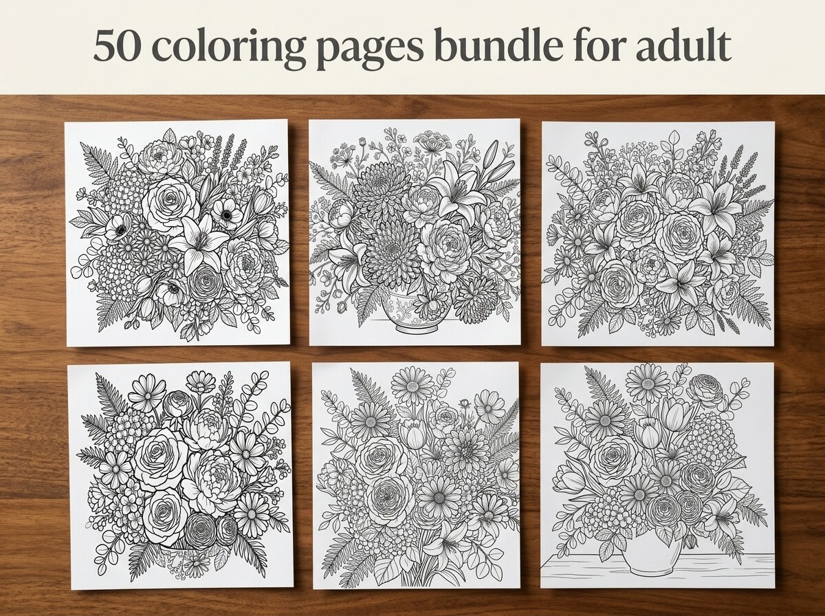 50 Floral Bouquet Coloring Pages Bundle