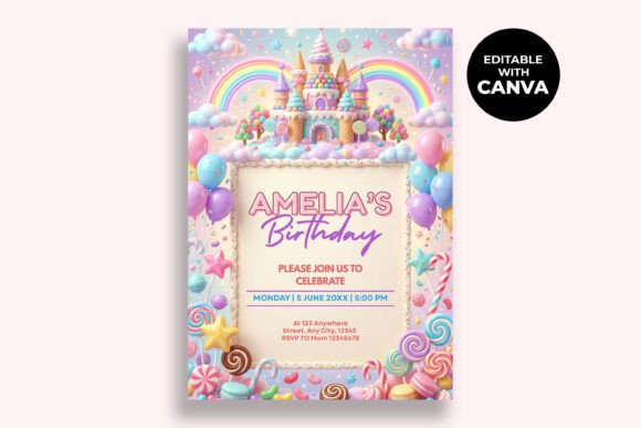 Candy Castle Birthday Canva Invitation