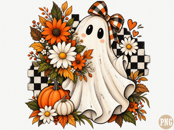 Cute Fall Ghost PNG, Buffalo Plaid Bow S