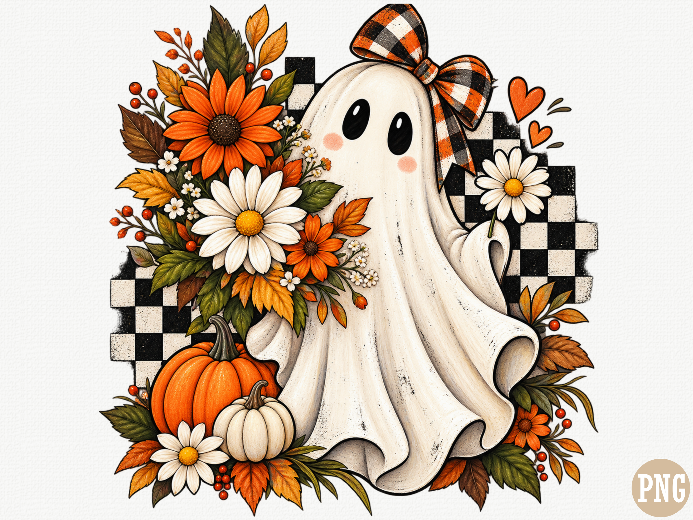 Cute Fall Ghost PNG, Buffalo Plaid Bow S