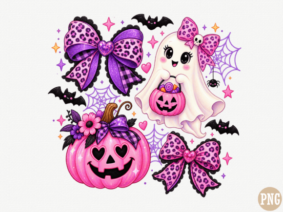 Cute Halloween Ghost and Bows PNG, Pink