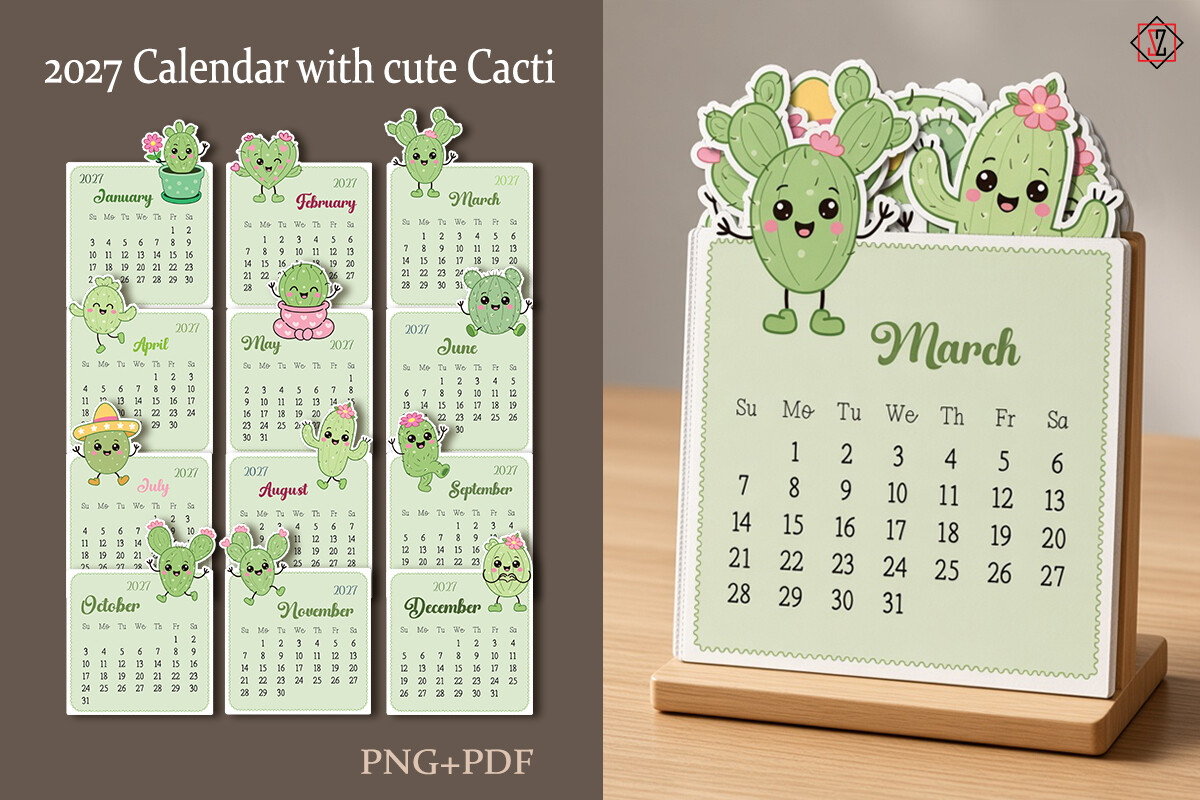 Desk Calendar "Cacti 2027" — Print & Cut