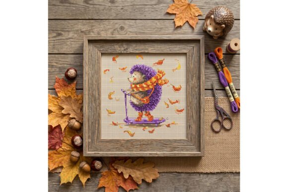 Hedgehog and Scooter Autumn Cross Stitch