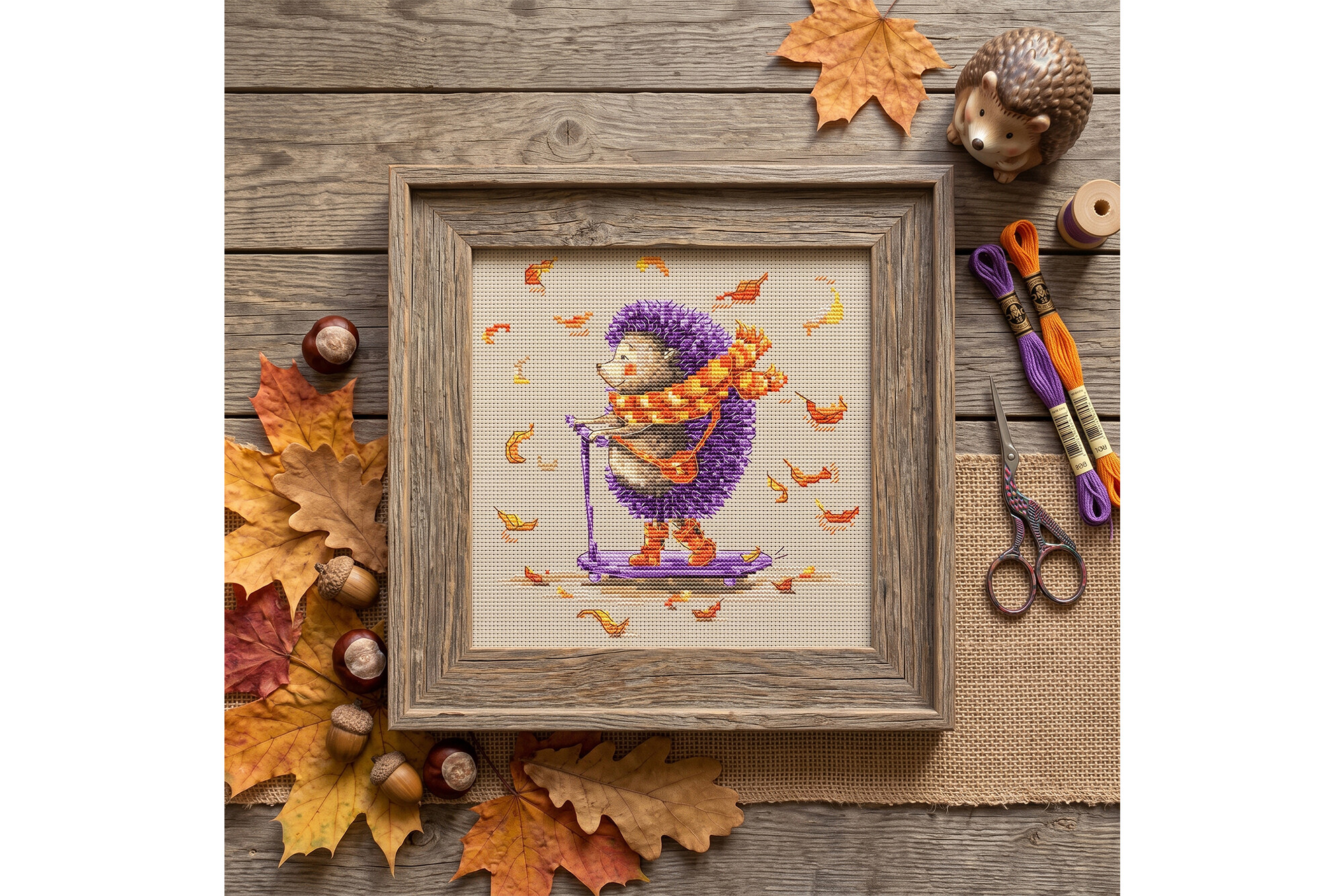 Hedgehog and Scooter Autumn Cross Stitch