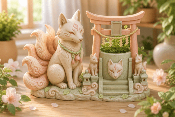 Kitsune Shrine Planter STL - 3D Printable Japanese Fox Garden - Image 1