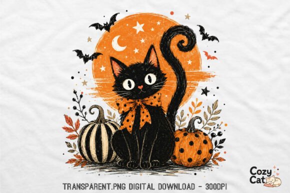 Retro Vintage Halloween Black Cat PNG