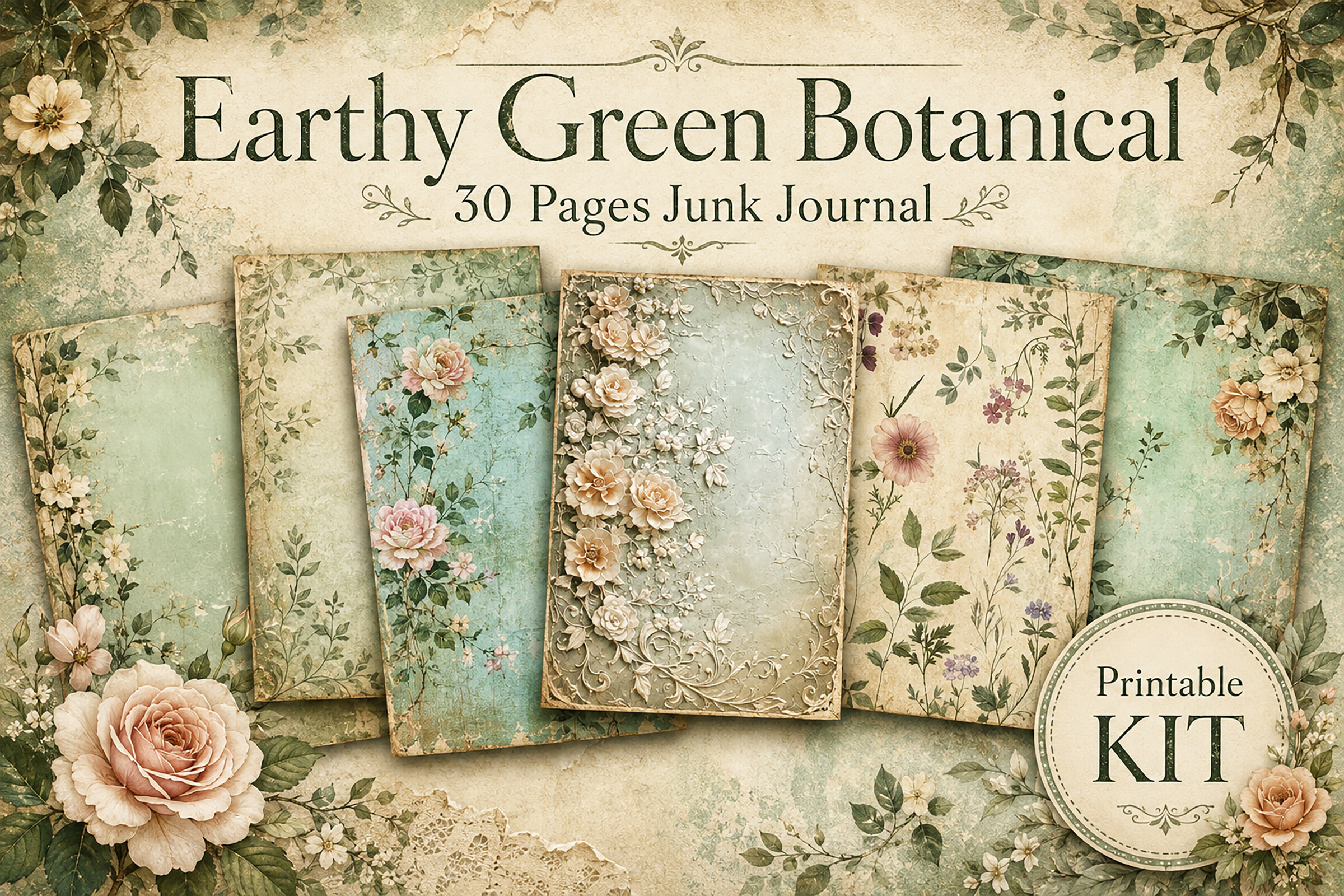 Sage Green Floral Junk Journal Papers