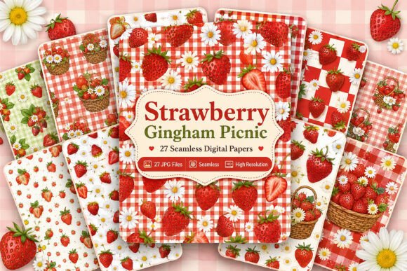 Strawberry Gingham Picnic Digital Paper