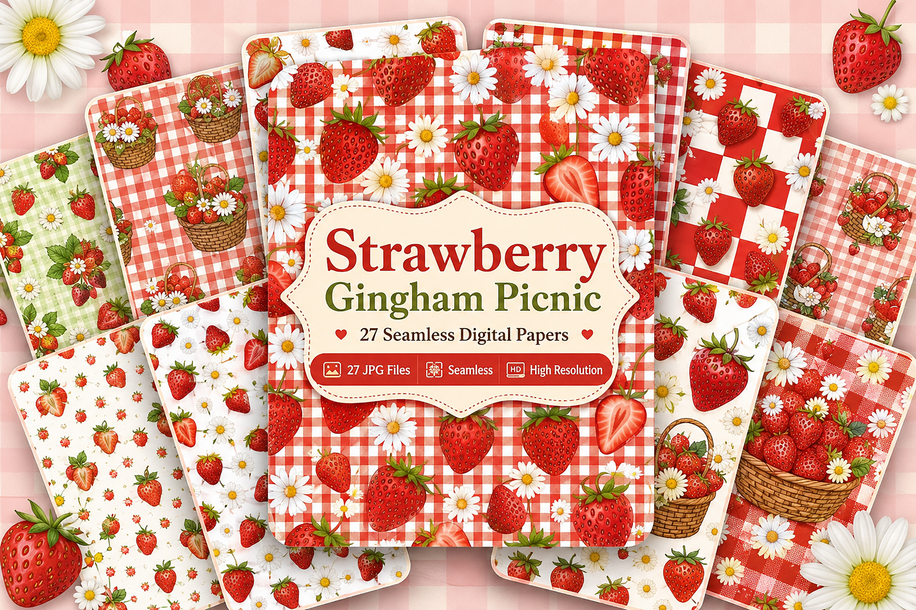 Strawberry Gingham Picnic Digital Paper