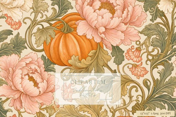 Victorian Autumn Pumpkin Peony Pattern