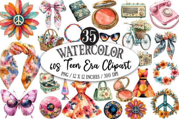 Watercolor 60s Teen Era Clipart