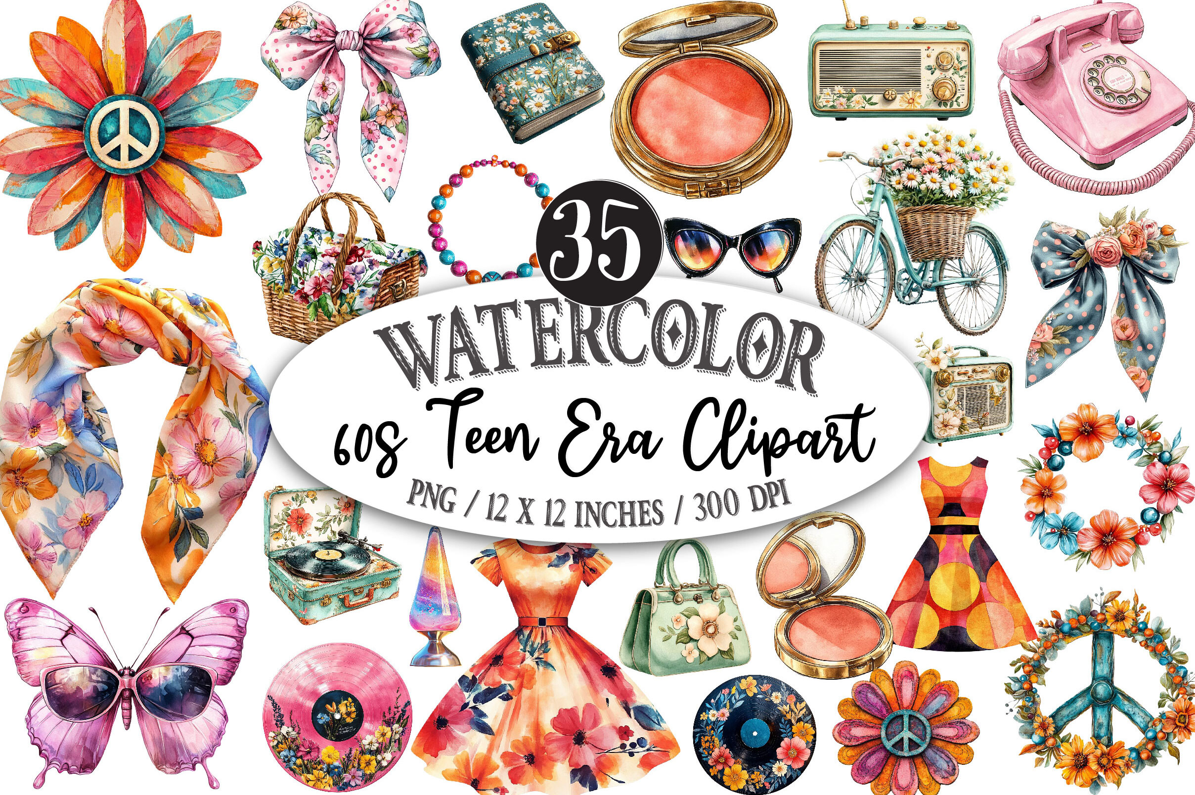 Watercolor 60s Teen Era Clipart