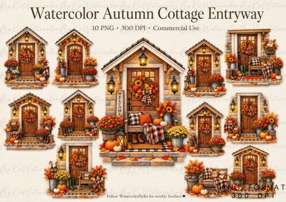 Watercolor Autumn Cottage Entryway PNG