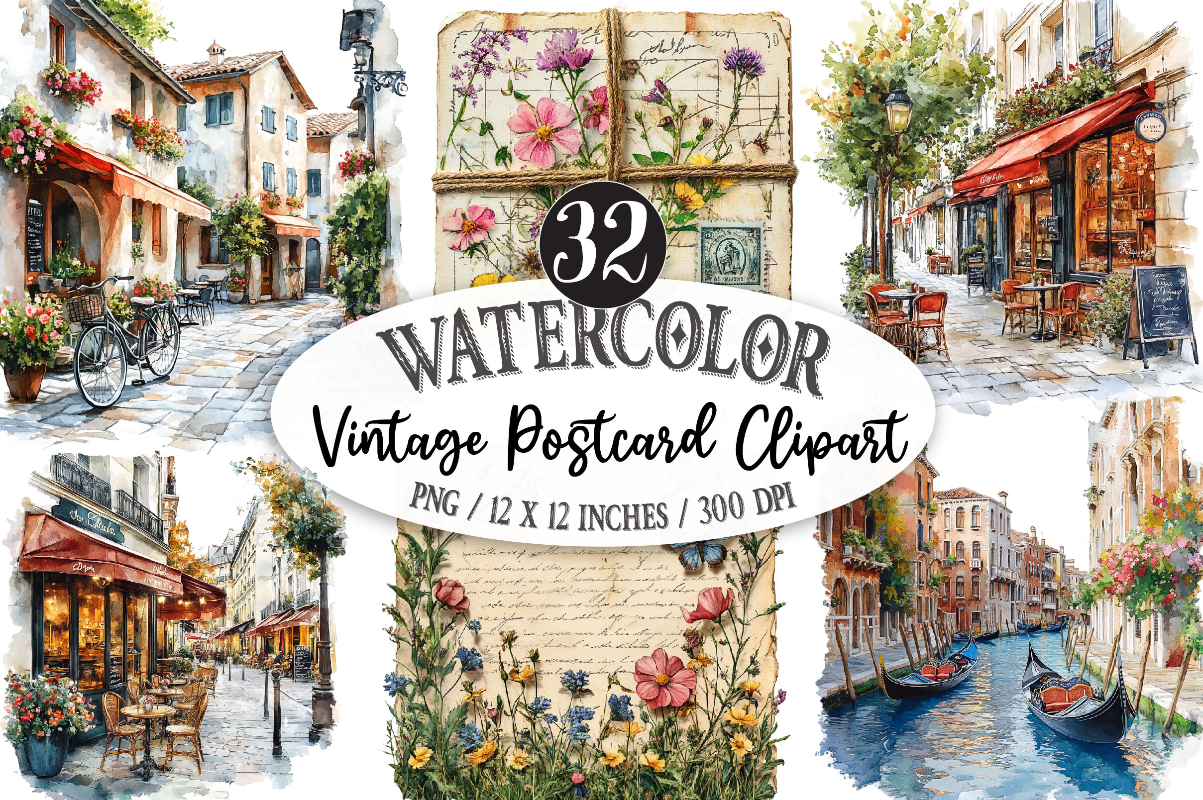 Watercolor Vintage Postcard Clipart