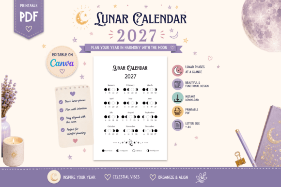 2027 Lunar Calendar Printable, Editable